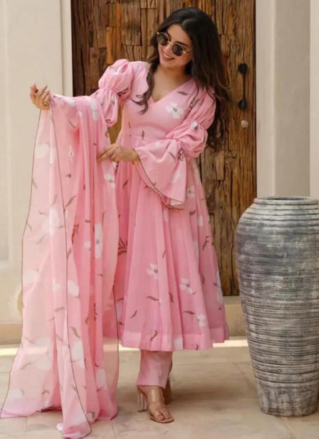 Georgette Pink Traditional Wear Printed Readymade Anarkali Suit